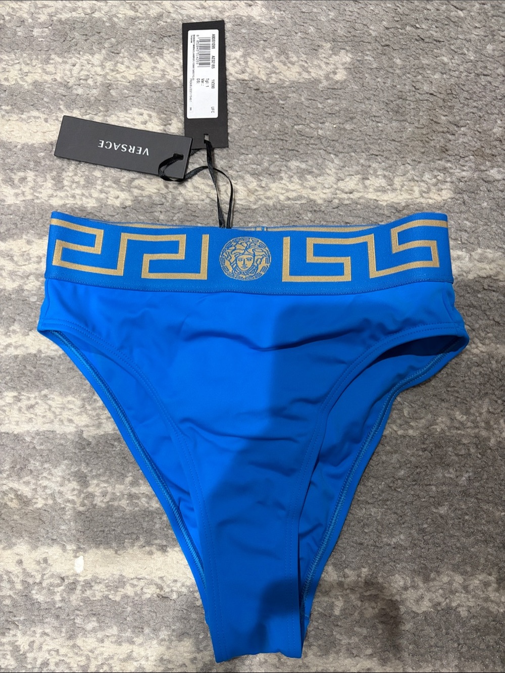 Versace Electric Blue High-Rise Bikini Bottom with Gold Greca Band